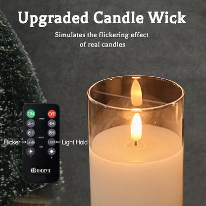 LEDHOLYT Rechargeable Flameless Glass Pillar Candles–Gifts for Women,–Set of 3, Realistic Flickering LED Light,Remote & Timer, Ideal for Living Room, Bedroom & Festival Wedding Home Party Decor