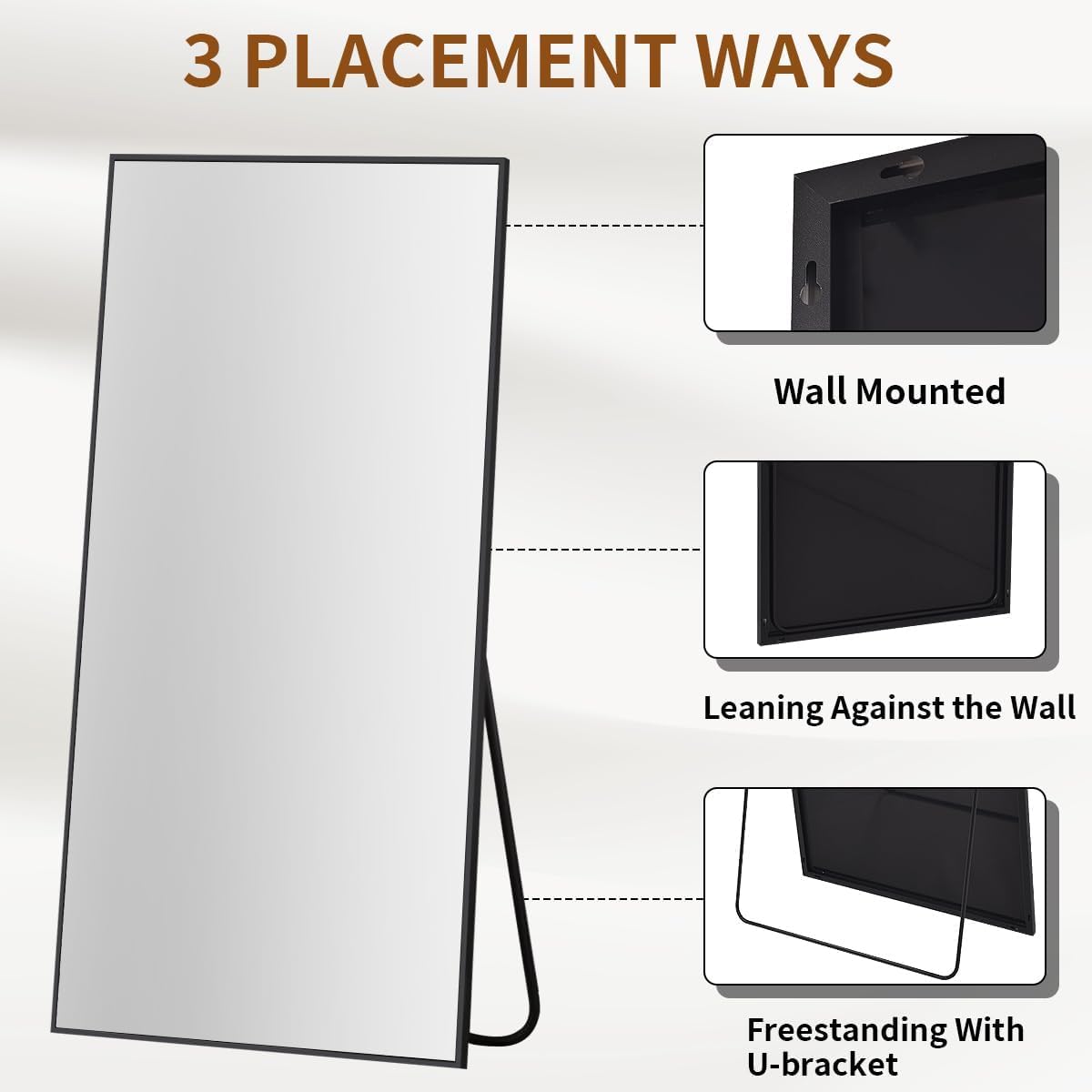 VooBang Mirror Full Length - 21" x 57" Floor Mirror with Stand, Aluminum Alloy Frame Full Body Mirror, Standing Hanging or Leaning Against Wall for Bedroom and Living Room, Black