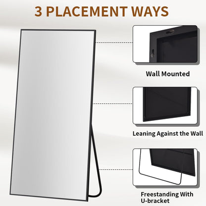 VooBang Mirror Full Length - 21" x 57" Floor Mirror with Stand, Aluminum Alloy Frame Full Body Mirror, Standing Hanging or Leaning Against Wall for Bedroom and Living Room, Black