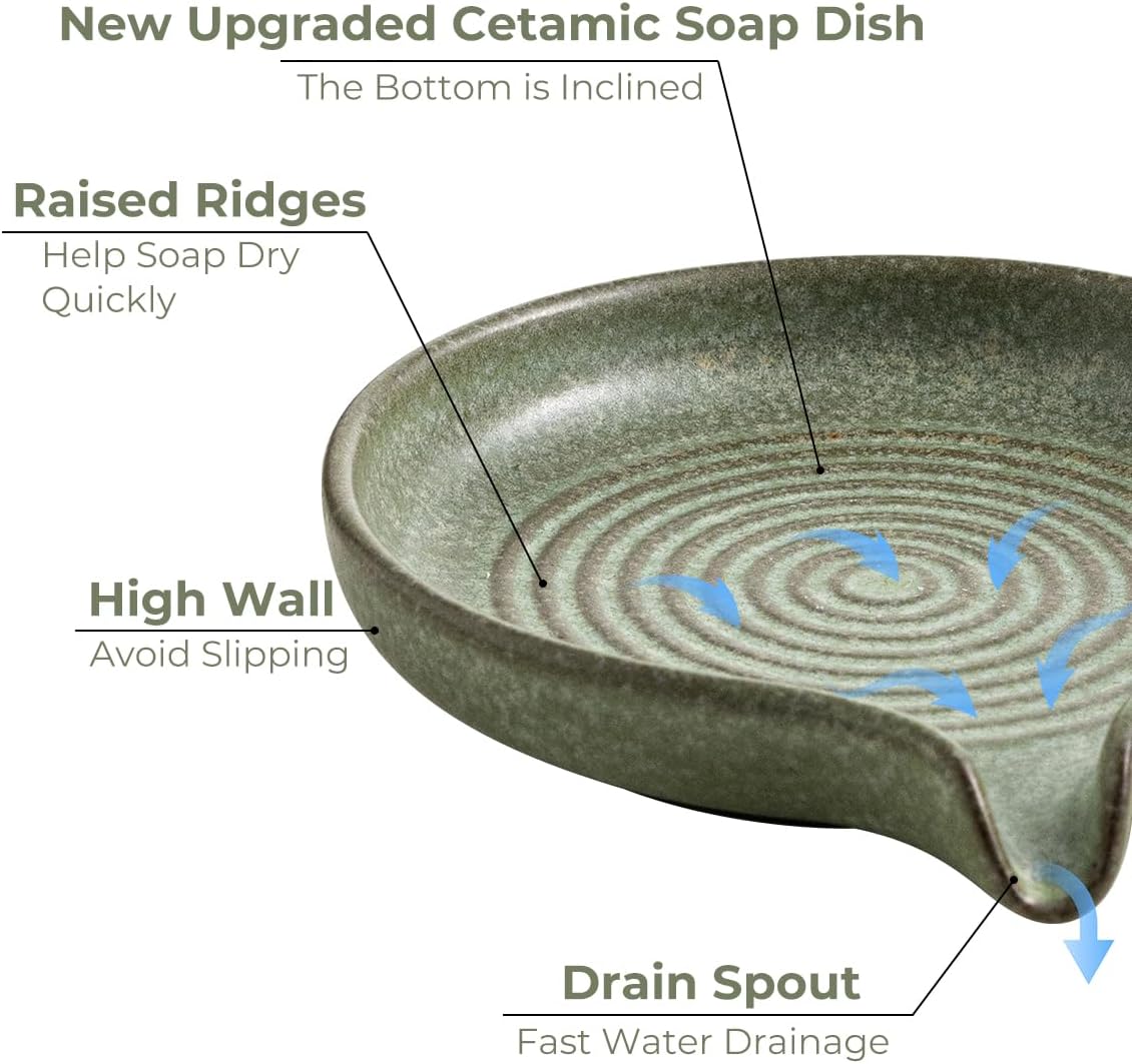 Self Draining Soap Dish, Ceramic Drain Soap Holder Waterfall Design Soap Saver for Shower, Bathroom, Sink, Kitchen and Countertop, Keeps Dry, Green