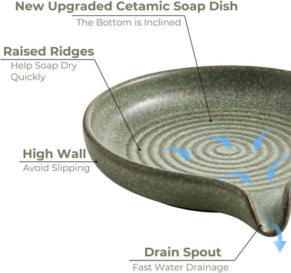 Self Draining Soap Dish, Ceramic Drain Soap Holder Waterfall Design Soap Saver for Shower, Bathroom, Sink, Kitchen and Countertop, Keeps Dry, Green