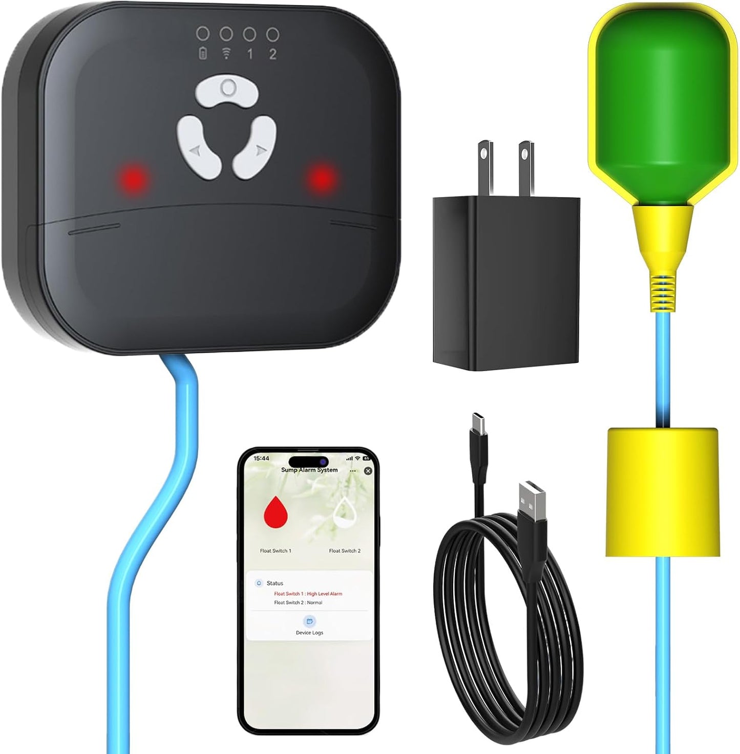 Sump Pump Alarm WiFi, Smart High/Low Water Level Alarm with Alarm-activated Outlet, Free App Alerts,Built-in Backup Battery,110dB Siren,10ft Float Switch for Septic Tank, Sump Pump, Ponds & Water Tank