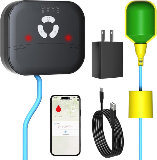 Sump Pump Alarm WiFi, Smart High/Low Water Level Alarm with Alarm-activated Outlet, Free App Alerts,Built-in Backup Battery,110dB Siren,10ft Float Switch for Septic Tank, Sump Pump, Ponds & Water Tank