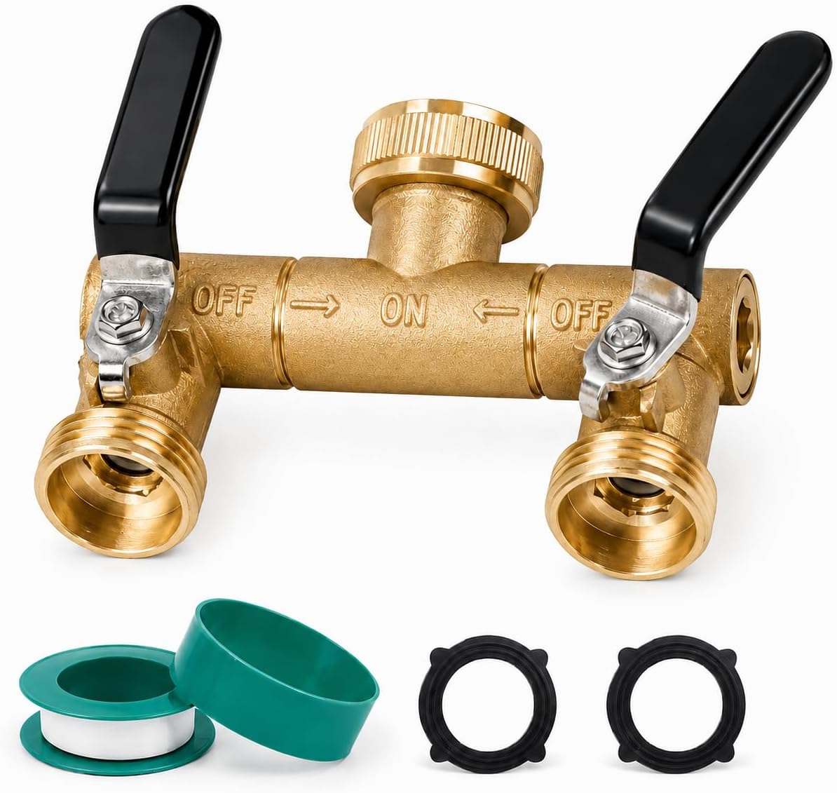 2 Way Garden Hose Splitter Heavy Duty，Full Flow Garden Hose Splitter with 2 Extra Rubber Washers，Brass Rust and Freeze Resistant Water Hose Bib Splitter，3/4” GHT Thread T Adapter