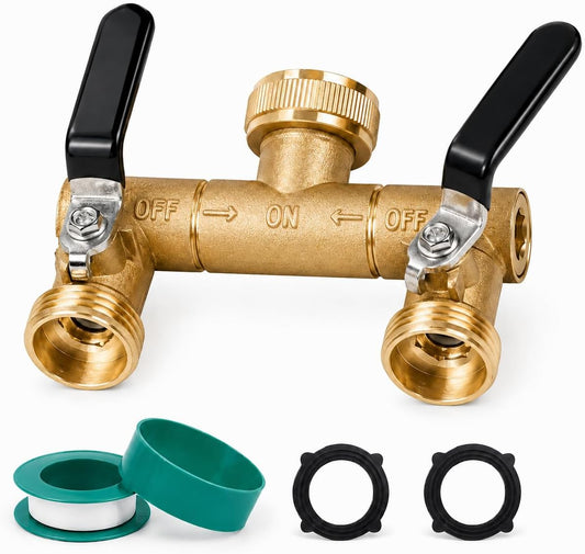 2 Way Garden Hose Splitter Heavy Duty，Full Flow Garden Hose Splitter with 2 Extra Rubber Washers，Brass Rust and Freeze Resistant Water Hose Bib Splitter，3/4” GHT Thread T Adapter