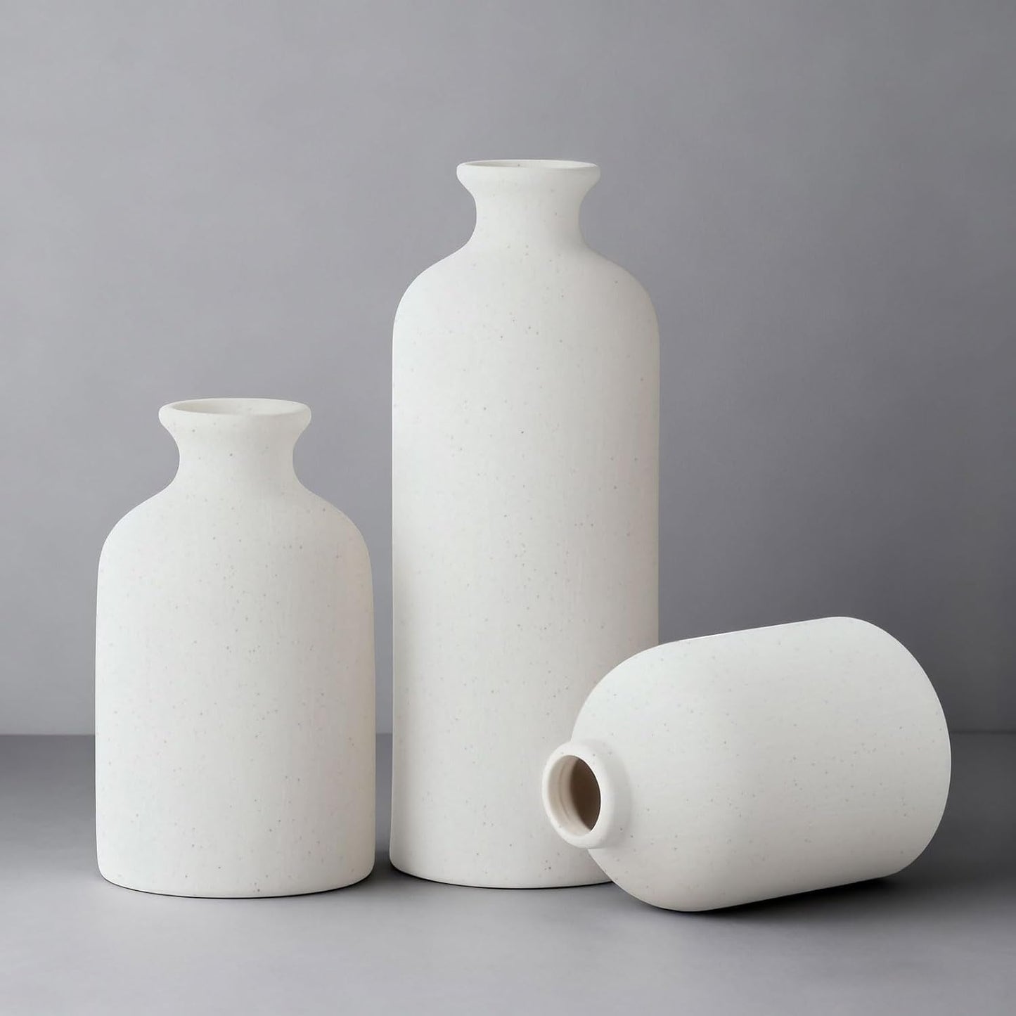 Modern Farmhouse Vase Set of 3, Small Neutral Ceramic Vases for Home Decor, Boho Flower Vase for Living Room, Table, Shelf, Fireplace Mantel