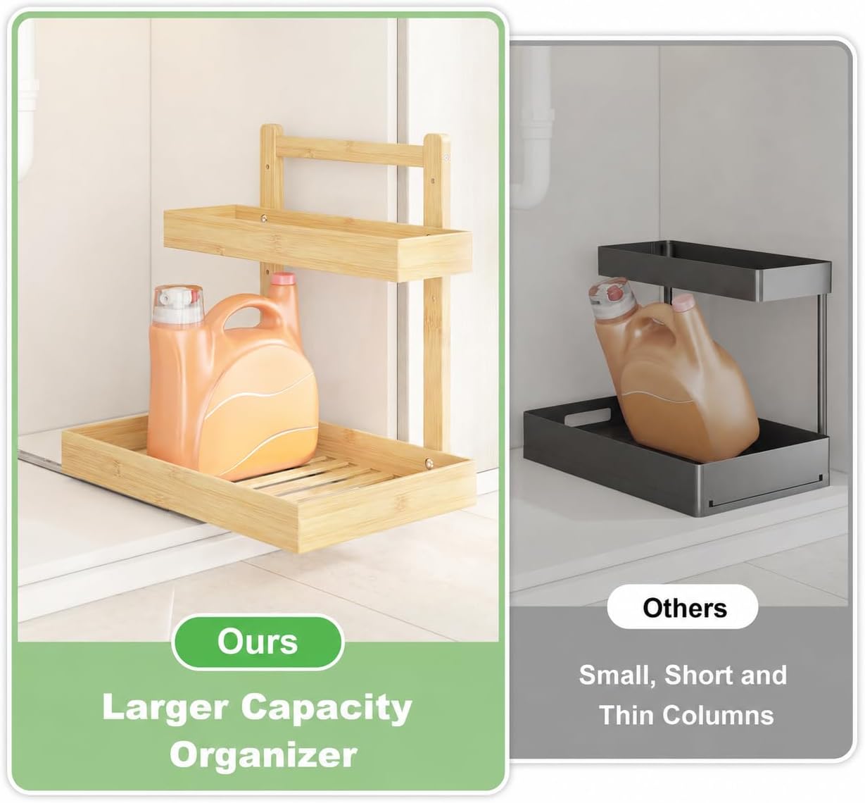 Under Sink Organizer - 2-Tier Pull Out Cabinet Organizer Vertical Slide Out Sink Shelf Storage Shelves for Multi-Purpose Bath Kitchen Bathroom Medicine (Nature, 2 Packs)
