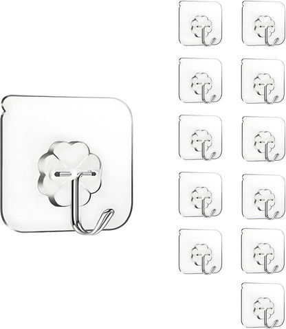 Adhesive Hooks, Hold 33lb(Max) Heavy Duty Sticky Hooks,Waterproof and Rustproof Wall Hooks for Hanging Can be Use Kitchen Bathroom Ceiling Office Window Home Improvement (Transparent 10PCS)