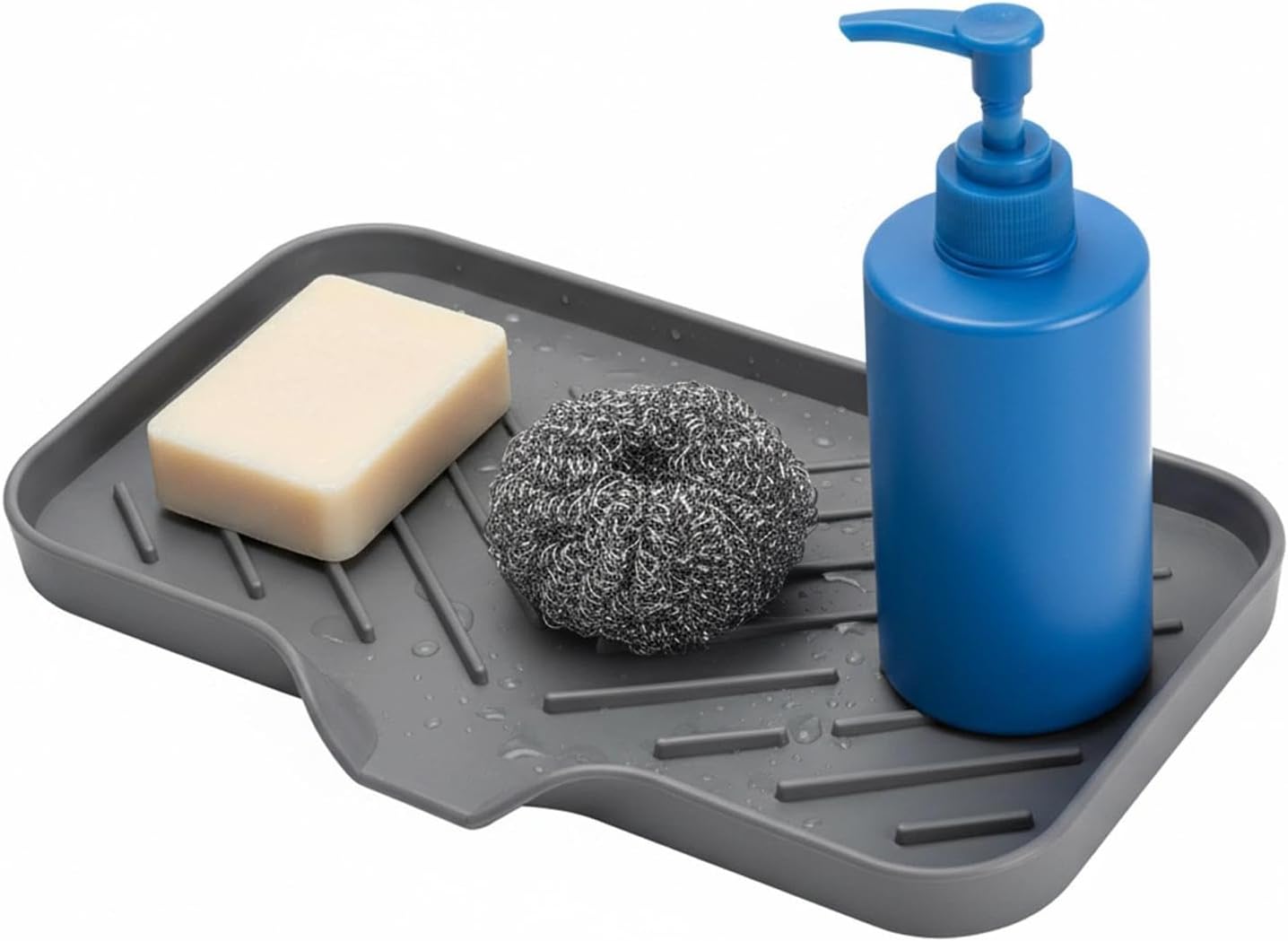 Silicone Sink Caddy Soap Dish with Drain Spout, 2-Pack Sponge Holder Tray for Kitchen & Bathroom Counter, 9.6"×5.3", Raised Ridges, Non-Slip, Easy-Clean, Grey