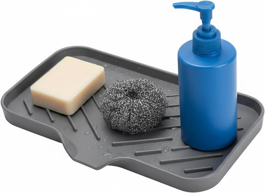 Silicone Sink Caddy Soap Dish with Drain Spout, 2-Pack Sponge Holder Tray for Kitchen & Bathroom Counter, 9.6"×5.3", Raised Ridges, Non-Slip, Easy-Clean, Grey