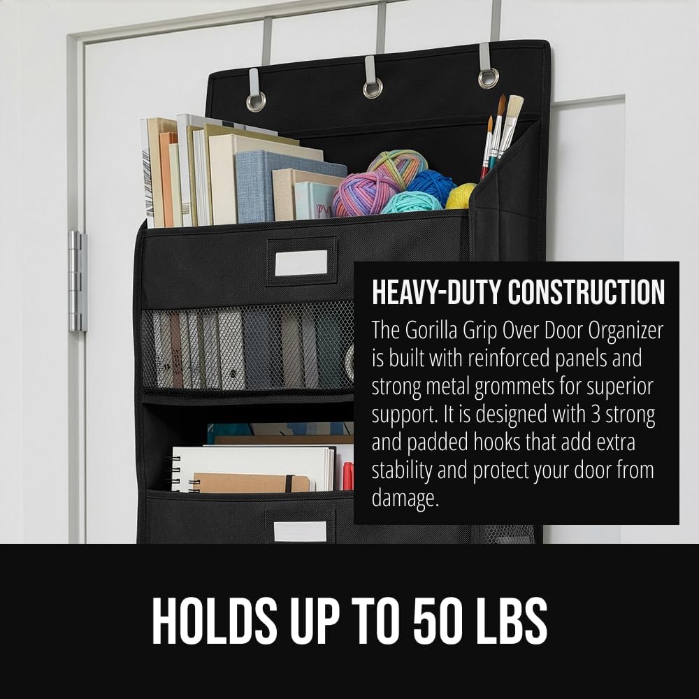 GORILLA GRIP Over the Door Shoe Organizer, 24 Large Breathable Mesh Pockets, Space Saving Hanging Storage Holder, Closet Rack Hanger Holds Up to 40 lbs, Hangs on Closets for Shoes, Accessories, Grey