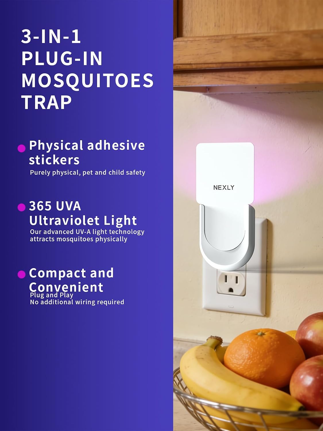 Plug-in Mosquito Trap & Zapper – Indoor Bug Zapper & Trap & Indoor Mosquito Killer Lamp & Trap, Sticky Glue Catcher w/Refillable Cards & Night Light, for Home, Bedroom, Kitchen, Living Room, Basement