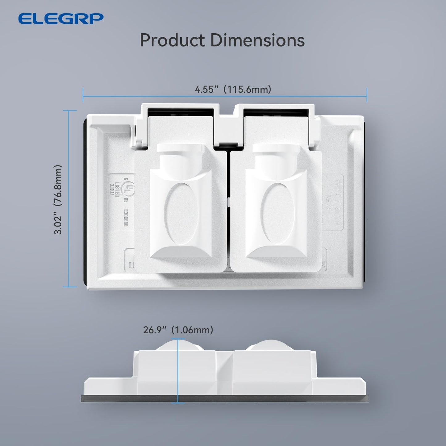 ELEGRP Horizontal Outdoor Cover for Duplex Receptacles, 2-Hole Weatherproof Wall Plate, Outdoor Electrical Outlet Cover, Standard Size 1-Gang 4.55” x 3.02”, Thermoplastic, 1 Pack, Grey