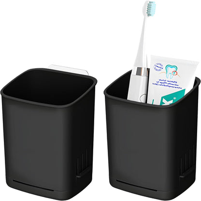 2 Pack Wall Mounted Toothbrush Holders，Removable Drill-Free Wall Shower Holder for Toothbrush,Toothpaste, Razor, Self-draining Self Adhesive Cup in Shower, Kitchen Tableware Organizer (Black