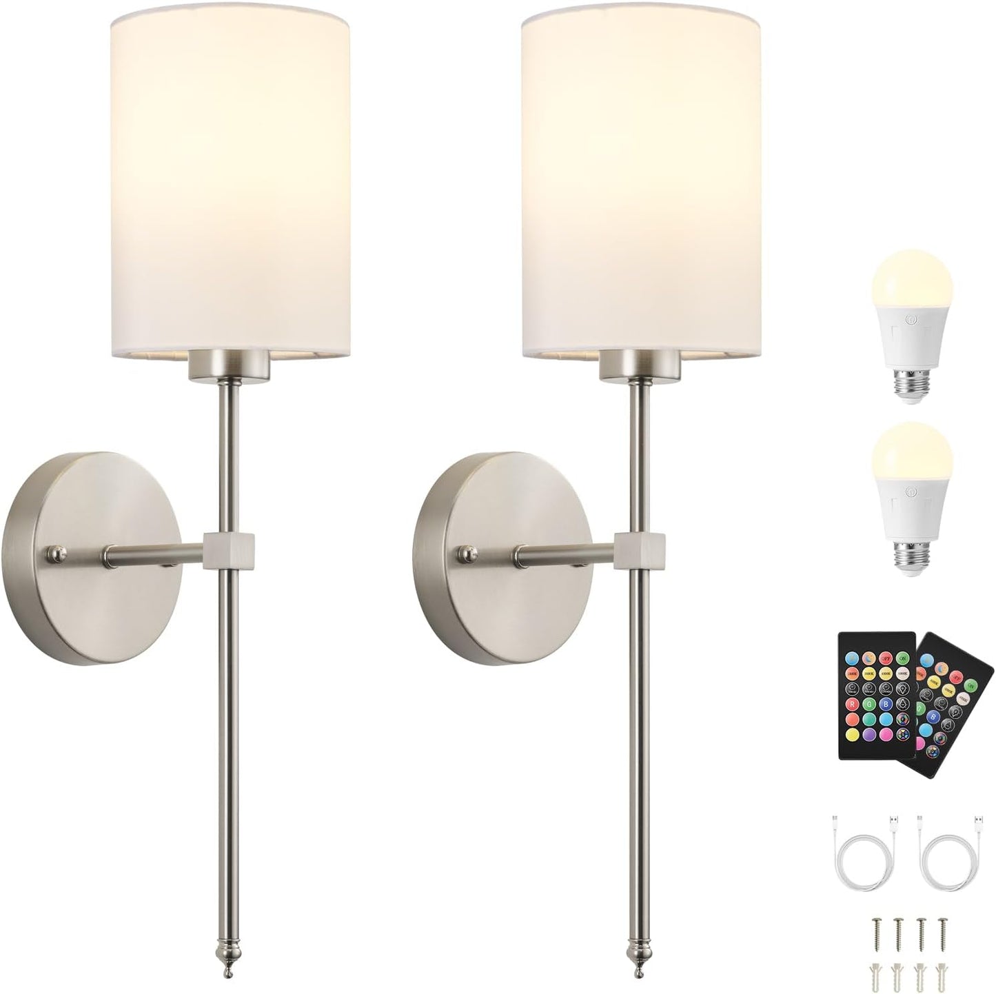 Battery Operated Wall Sconces Set of Two,Wireless Rechargeable Wall Light With Remote Control, Dimmable, Amber Light/Warm White/Natural White/Daylight/RGB, Timer,for Living Room,Bedroom,Entryway,Gold