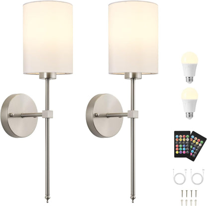 Battery Operated Wall Sconces Set of Two,Wireless Rechargeable Wall Light With Remote Control, Dimmable, Amber Light/Warm White/Natural White/Daylight/RGB, Timer,for Living Room,Bedroom,Entryway,Gold