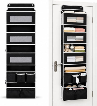 1 Pack Over The Door Organizer Storage, Hanging Organizer Closet with 5 Large Pockets 6 Mesh Pockets, 50 lbs Weight Capacity, Behind Door Storage for Closet Nursery Bedroom Bathroom (Black)