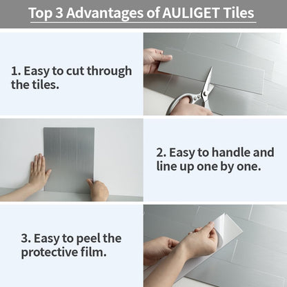 AULIGET 40-Piece Polished White Marble with Gold Peel and Stick Backsplash Wall Tiles, 3" x 12" PVC Faux Stone Stick on Tiles for Backsplash Kitchen, Bathroom, Laundry Room, Camper, Fireplace