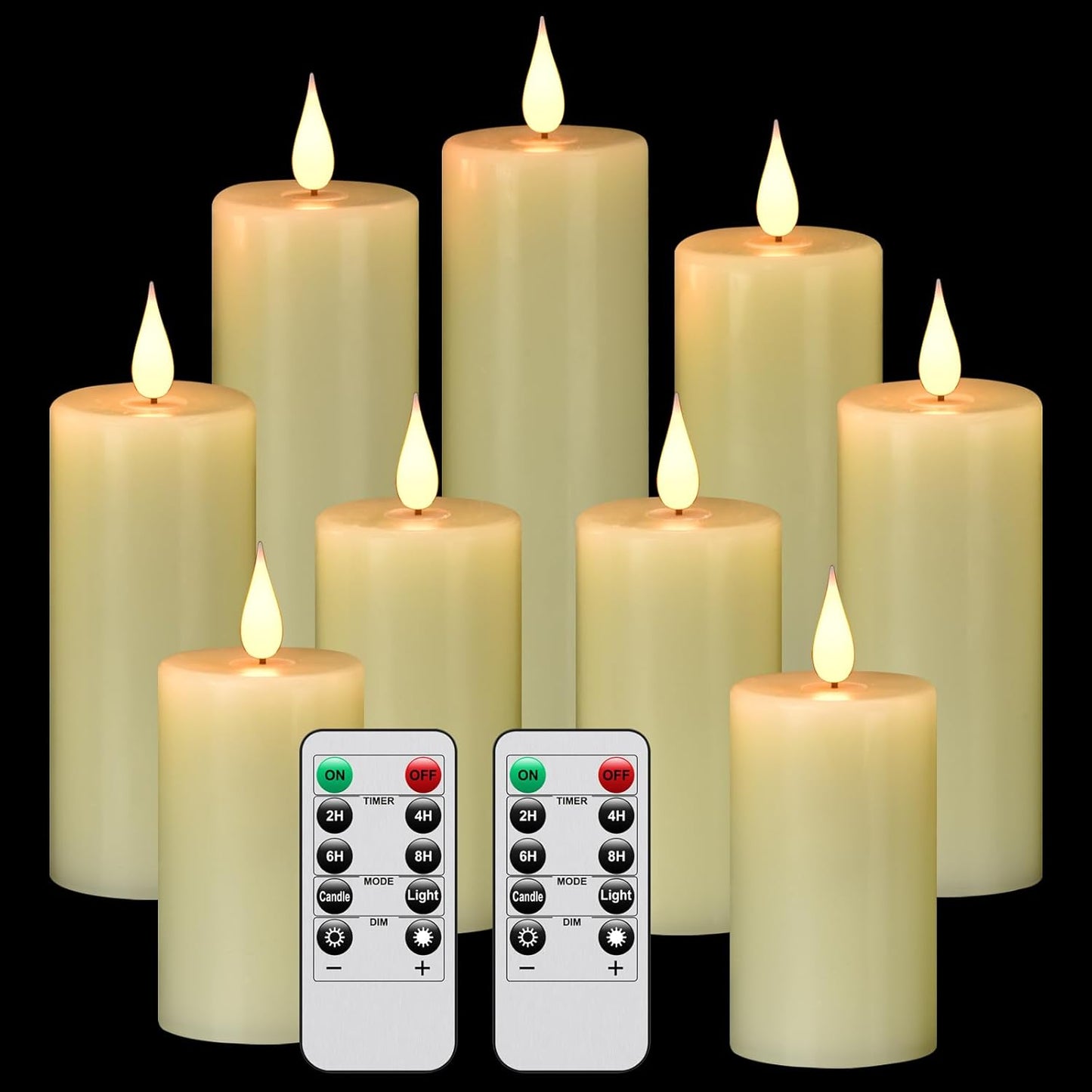 Flameless Flickering Battery Operated Candles D2.2''*H4 5" 6" 7" 8" 9" Set of 9 Ivory Real Wax Pillar LED Candles with 10-Key Remote and Cycling 24 Hours Timer (Ivory)