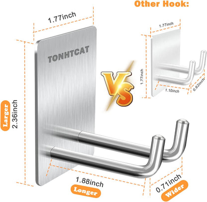 Adhesive Hooks Heavy Duty, Long Stainless Steel Self Adhesive Wall Hook, Sticky Towel Hangers for Kitchen Bathroom, Waterproof Stick on Door Hooks for Hanging Key Hat Coat 4Pack(Black)