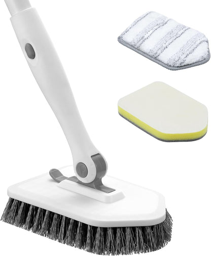 nacena Shower Scrubber with Long Handle, 3 in 1 Tile Tub Scrubber Brush with 3 Detachable Cleaning Heads Adjustable Handle Shower Cleaner Brush for Bathroom, Kitchen, Toilet, Wall, Sink, Blue White
