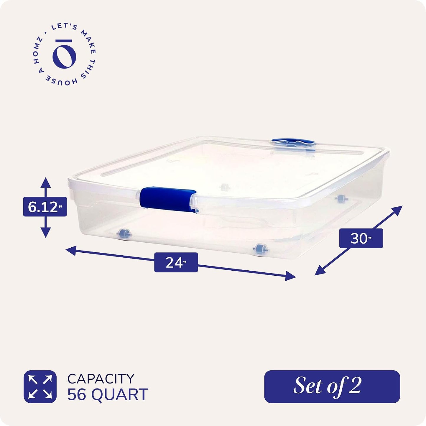 HOMZ 2-Pack Under Bed Storage, Clear Plastic Containers with Lids, 60 Quart, Gray Latch - Stackable Underbed Organizer Bins for Shoes, Bags, Clothes, and Towels