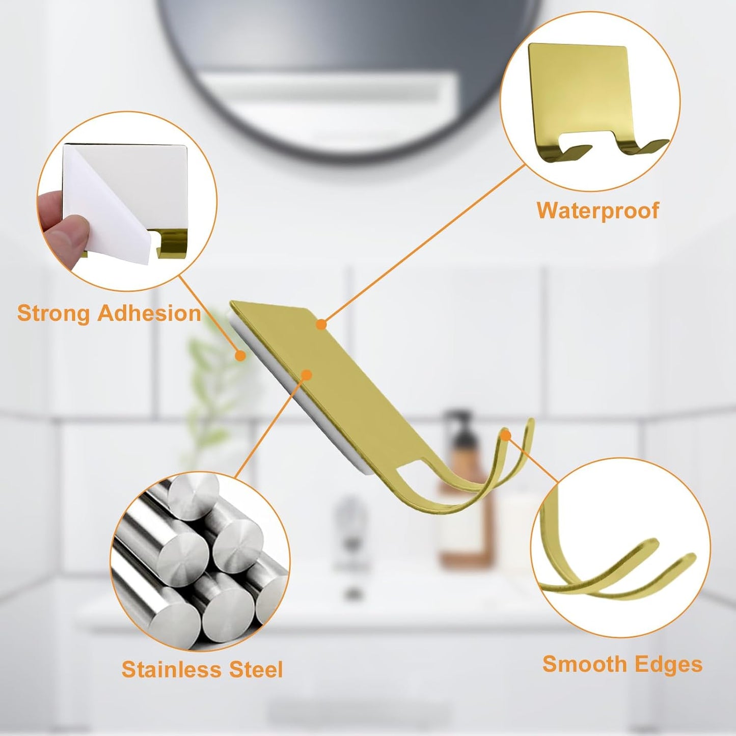 MOROBOR 4 Pcs Shower Squeegee Adhesive Hook, All-Purpose Scraper Holders Towel Hooks Stainless Steel Waterproof Storage Hook Bath Accessories for Kitchen & Bathroom（Silver）