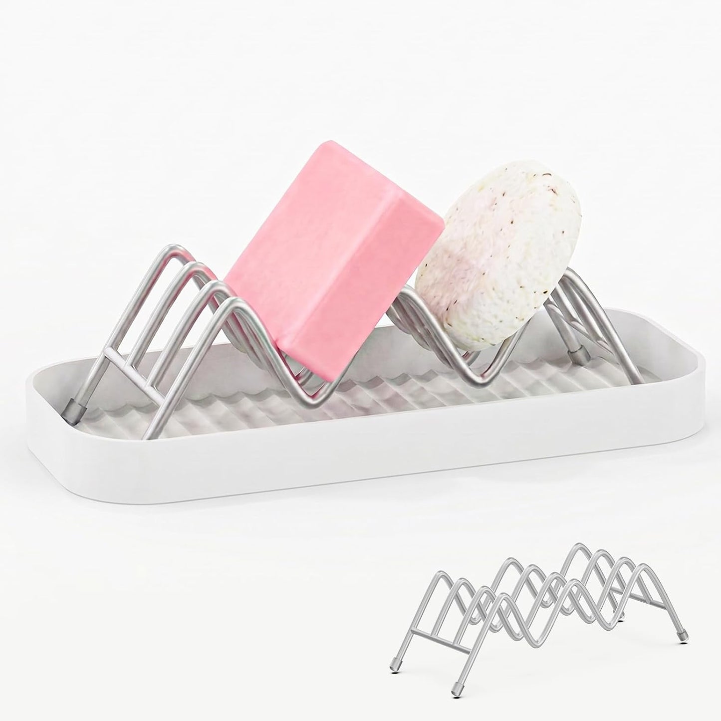 Shampoo Bar Holder for Shower, Self Draining Bar Soap Holder for Shower with Drain Tray, Stainless Steel Soap Dish Organizer for Bathroom Sink, Scrub and Sponge Holder for Kitchen Counter