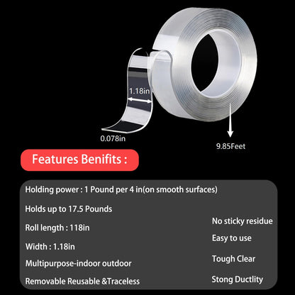 Nano Double Sided mounting Tape Heavy Duty, Double 2 Adhesive Tape for Walls,Washable Sticky Strong Wall Tape Strips,Transparent Tape Poster Carpet Tape for Paste Items, 9.8ft×1.18inx0.098in.