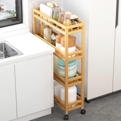 4-Tier Bamboo Kitchen Rolling Cart Removable Wood Trolley Island Cart, Utility Cart Multi-Layer Storage Shelf Rack on Wheels (19.7" L X 7.1" W X37.8 H)