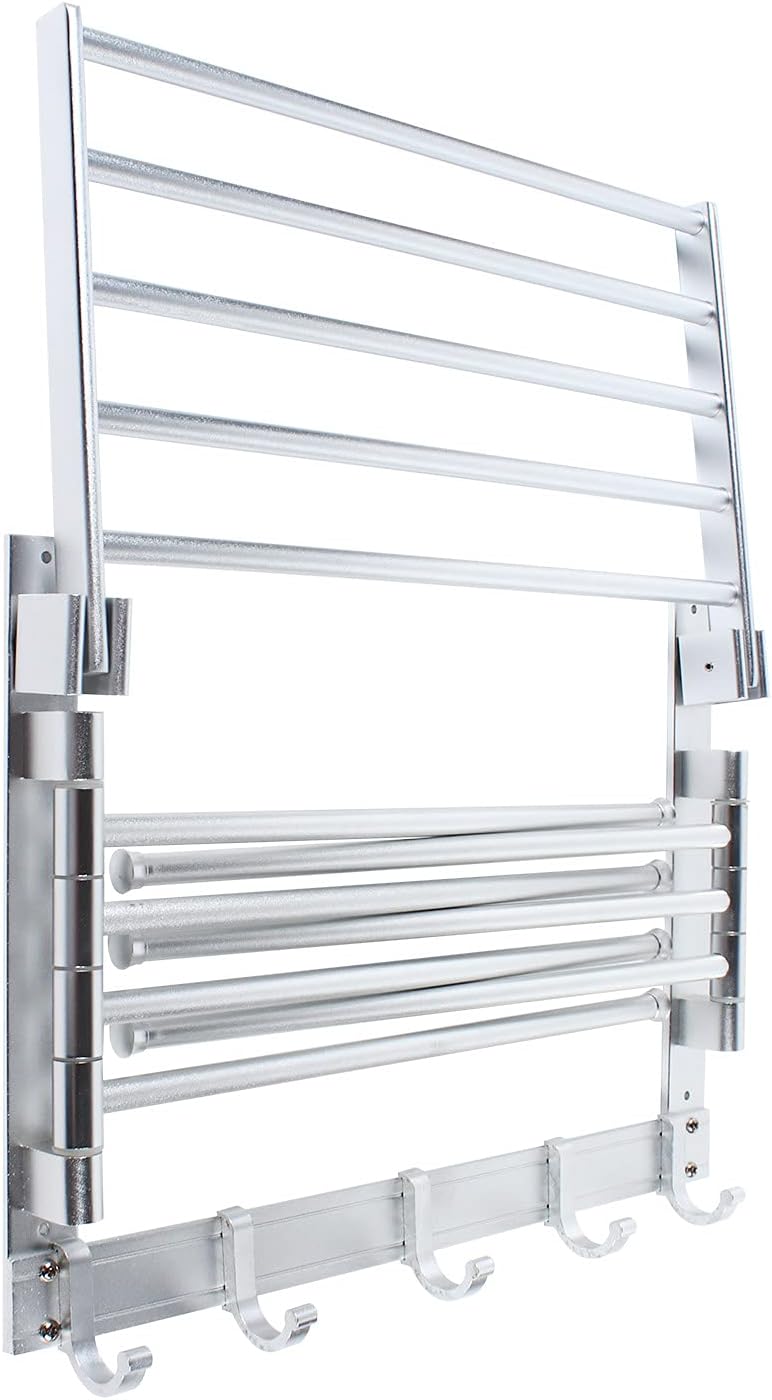 Laundry Clothes Drying Rack, Wall Mounted Swivel Towel Rack with Hooks and Swing Arms, Space Saver in Laundry Room and Bathroom, Space Aluminum