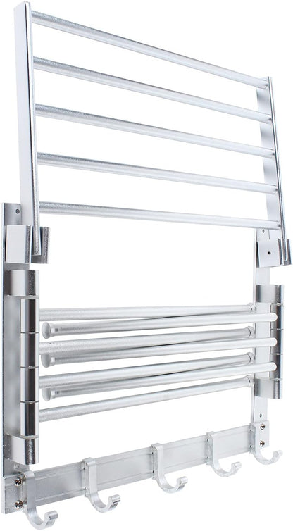 Laundry Clothes Drying Rack, Wall Mounted Swivel Towel Rack with Hooks and Swing Arms, Space Saver in Laundry Room and Bathroom, Space Aluminum