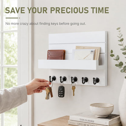 HONJIN Key Holder for Wall: Easy Installation Mail Organizer Wall Mount Hanging Key Rack for Kitchen and Entryway Decor with 5 Sturdy Key Hooks (White)