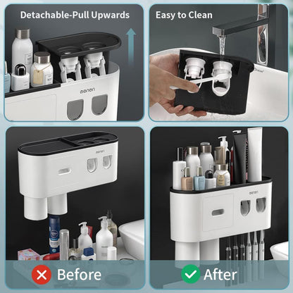 Toothbrush Holders for Bathrooms Wall Mounted, 6 Slot Toothbrush Holder with 2 Automatic Toothpaste Dispensers, 2 Magnetic Cups, Large Capacity Bathroom Organizer, Wall Storage with Drawer