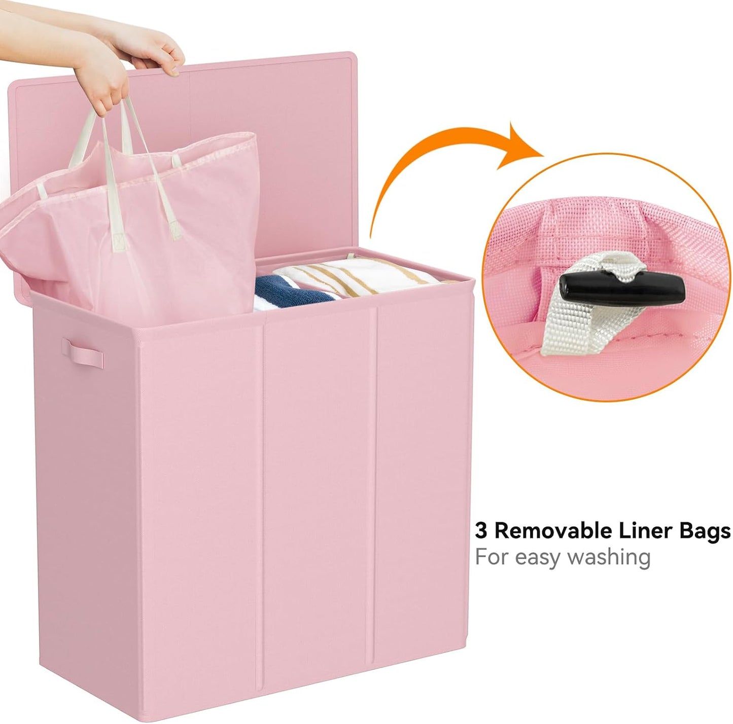 WOWLIVE 180L Laundry Hamper with Lid 3 Section,Large Laundry Basket with Removable Bags and Handles,Collapsible Dirty Clothes Hampers for Laundry,Laundry Basket Organizer for Laundry Room,Dorm,Beige