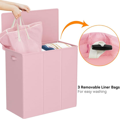 WOWLIVE 180L Laundry Hamper with Lid 3 Section,Large Laundry Basket with Removable Bags and Handles,Collapsible Dirty Clothes Hampers for Laundry,Laundry Basket Organizer for Laundry Room,Dorm,Beige