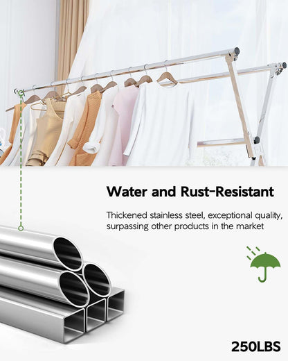 Vikaqi Clothes Drying Rack 79 Inches Folding Indoor Outdoor, Drying Rack Clothing Collapsible, Foldable Laundry Drying Rack, Heavy Duty Stainless Steel Clothesline, Garmet Rack, 20 Hooks 12 Clips