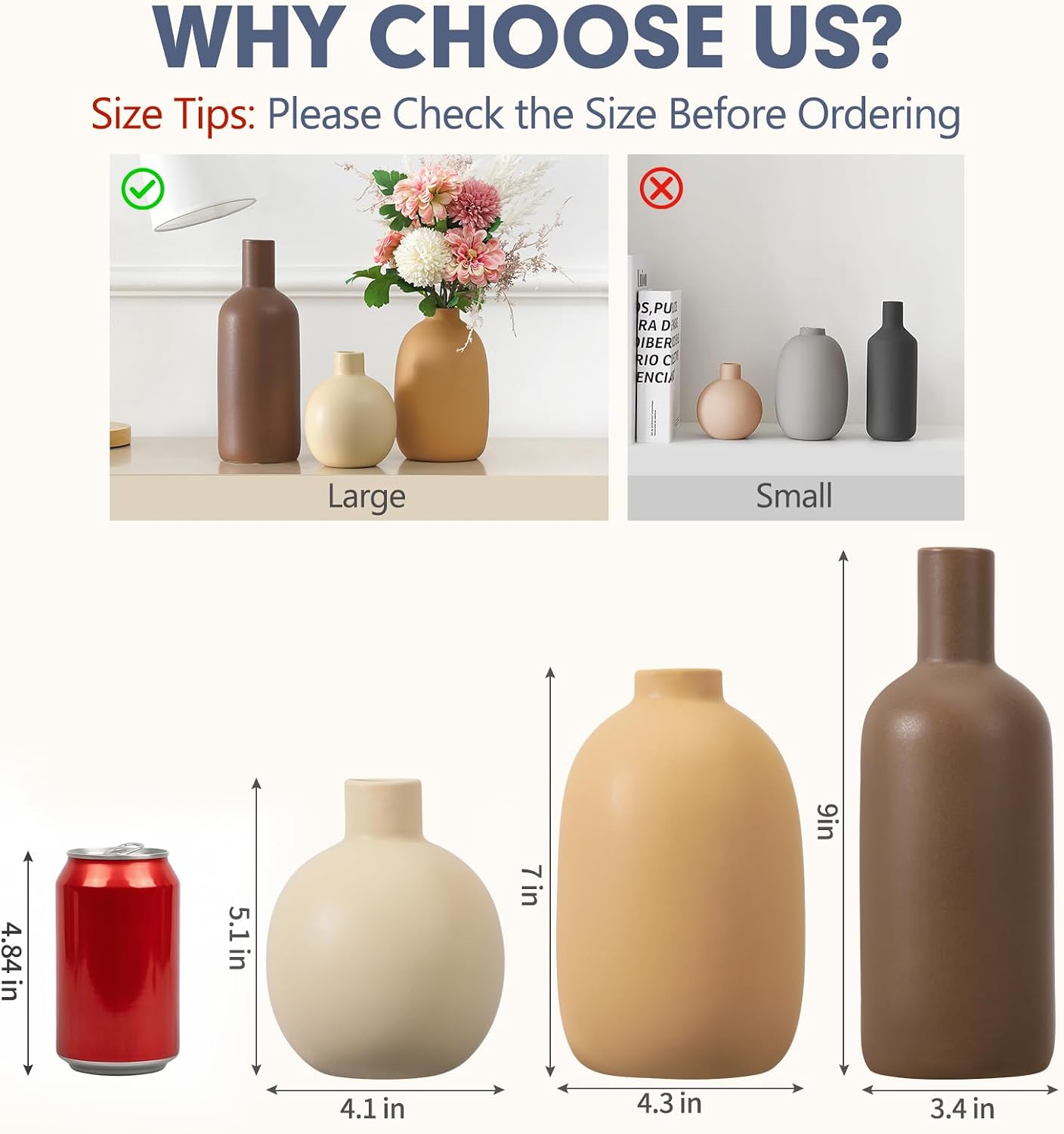 CUCUMI Ceramic Vase Set of 5, Home Decor Farmhouse Décor Handmade Pottery Vases for Pampas Grass, Dried Fresh Flowers, Table, Living Room, Kitchen, Shelf, Entryway Mantel Neutral Tones