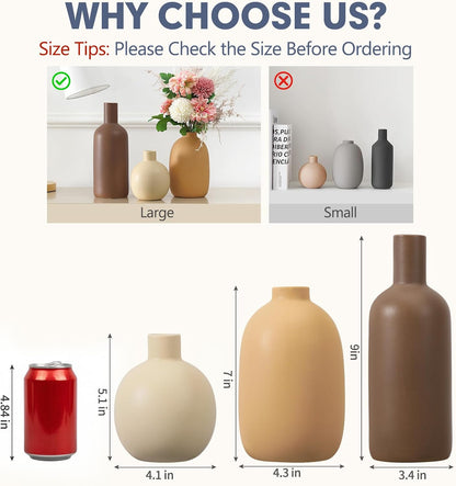 CUCUMI Ceramic Vase Set of 5, Home Decor Farmhouse Décor Handmade Pottery Vases for Pampas Grass, Dried Fresh Flowers, Table, Living Room, Kitchen, Shelf, Entryway Mantel Neutral Tones