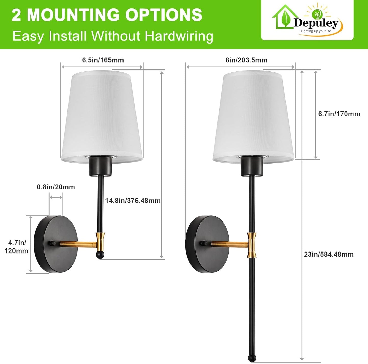 Depuley Battery Operated Wall Sconce: Set of 2 Wireless Wall Lights with 10000mAh Dimmable Bulbs and Remote for Bedroom - Rechargeable 15 Colors Gold Wall Lamp for Living Room Hallway