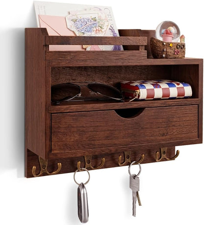 Key and Mail Holder for Wall, Wooden Key and Mail Organizer with Drawer and 8 Hooks for Dog Leash and Sunglasses, Decorative Paulownia Wood Key Rack for Bags, Coats, Umbrella