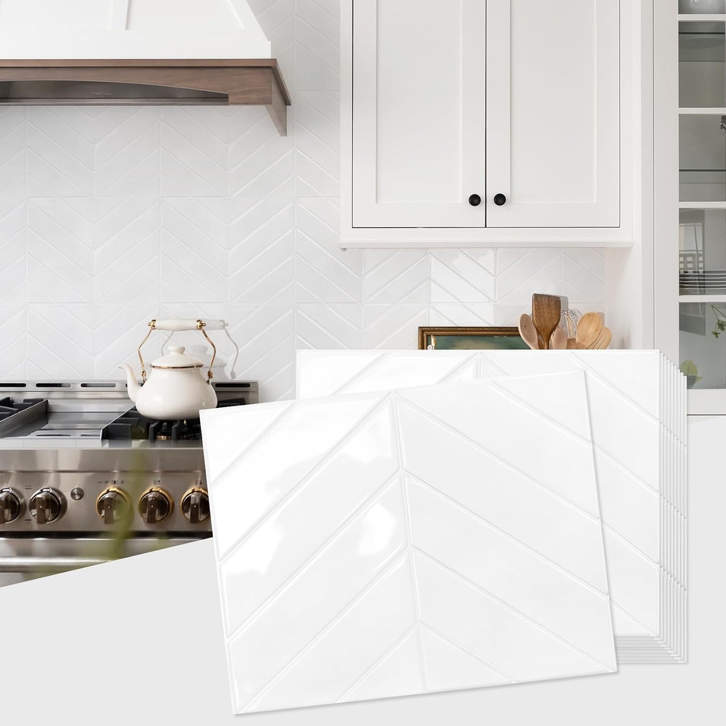 STICKGOO 10 Sheets Thicker Herringbone Peel and Stick Backsplash, 12.6”×9.7” Stick on Wall Tiles, Self Adhesive Tile Sticker for Kitchen Backsplash and Bathroom, White with Grey Grout