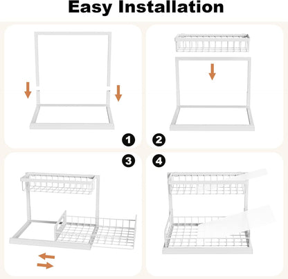 REALINN Under Sink Organizer, Pull Out Cabinet Organizer, 2 Tier Metal Slide Out Shelf with L Shaped Design for Kitchen, Bathroom, Laundry, and Utility Cabinet Storage for Deep Cabinets, White, 2 Pack