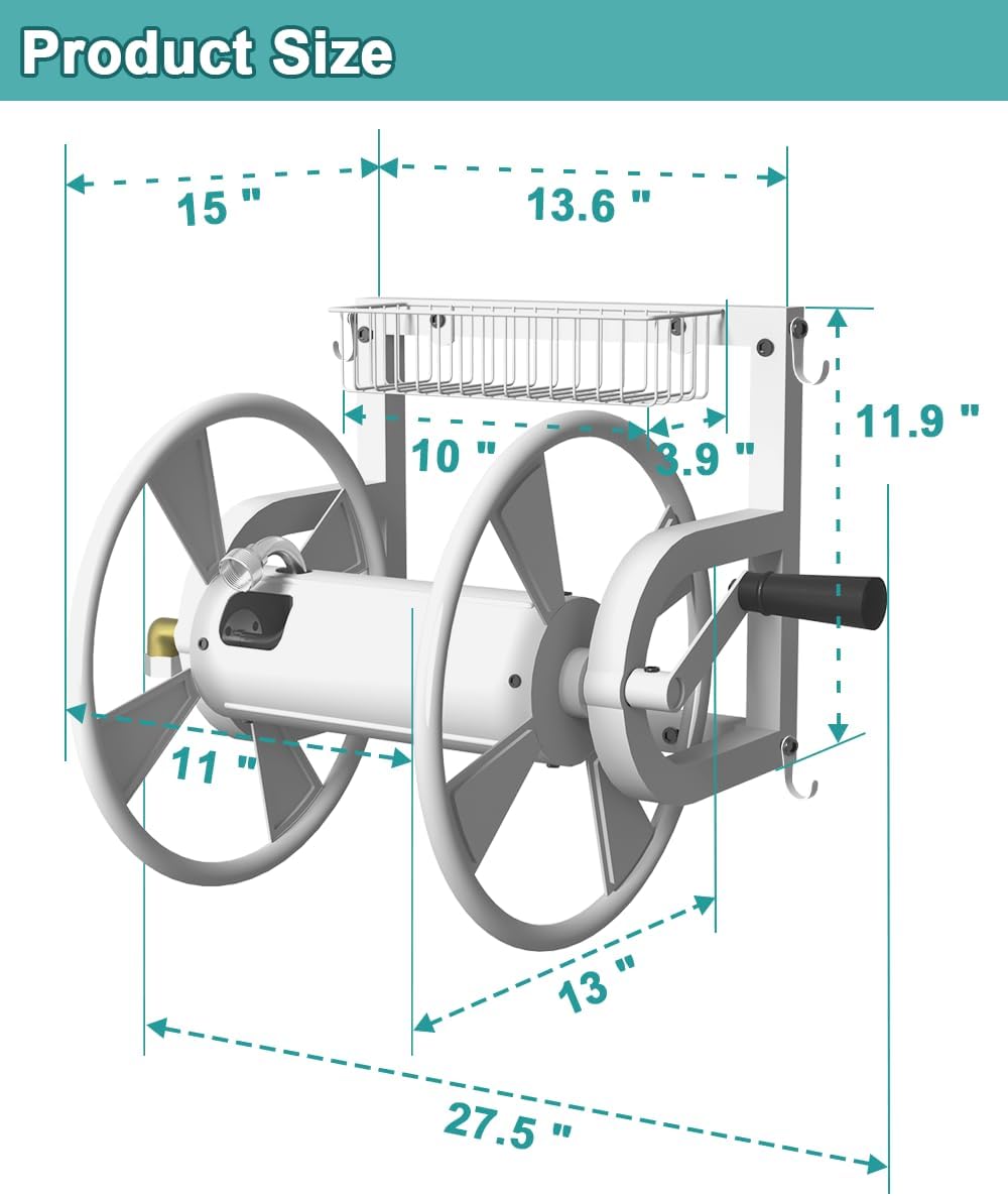 Artigarden Outdoor Wall Mounted Hose Reel with Hook, Garden Heavy-Duty Water Holder Winder with 3.9 ft Leader Hoses, Brass Fitting and Storage Basket for Yard, Holds 125 Ft of 5/8-Inch Hose, Black