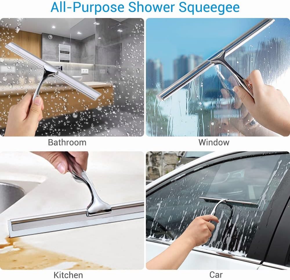 Quntis 10-Inch Matte Black Shower Squeegee for Glass Doors – Stainless Steel with Non-Slip Handle, Replacement Blade & Hook – Ideal for Bathroom, Mirrors, Tiles, and Car Windows
