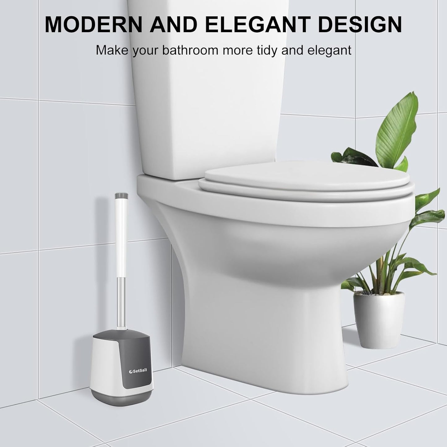 SetSail Toilet Brush and Holder, Self Closing Lid Toilet Bowl Brushes Holder and Extra Long Handle Ventilated Toilet Brush Set for Bathroom Cleaning, Nylon Bristles, Black