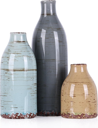 Ceramic Vase Set of 3, Small Flower Neutral Vases Home Decor, Pottery Rustic Farmhouse Decorative Vases, Modern Decor for Table Mantel Entryway Bookshelf Living Room Kitchen Bedroom