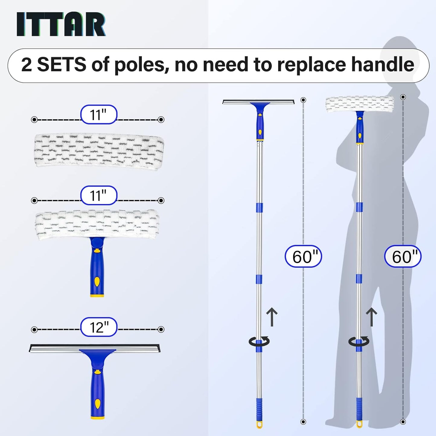 ITTAR Window Squeegee with 86 Inch Extension Pole, Rotatable Window Cleaning Kit with Long Handle, Rubber Blade & Microfiber/Chenille Pads Glass Cleaner Tool for Outdoor Windows, Glass, Car