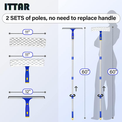 ITTAR Window Squeegee with 86 Inch Extension Pole, Rotatable Window Cleaning Kit with Long Handle, Rubber Blade & Microfiber/Chenille Pads Glass Cleaner Tool for Outdoor Windows, Glass, Car