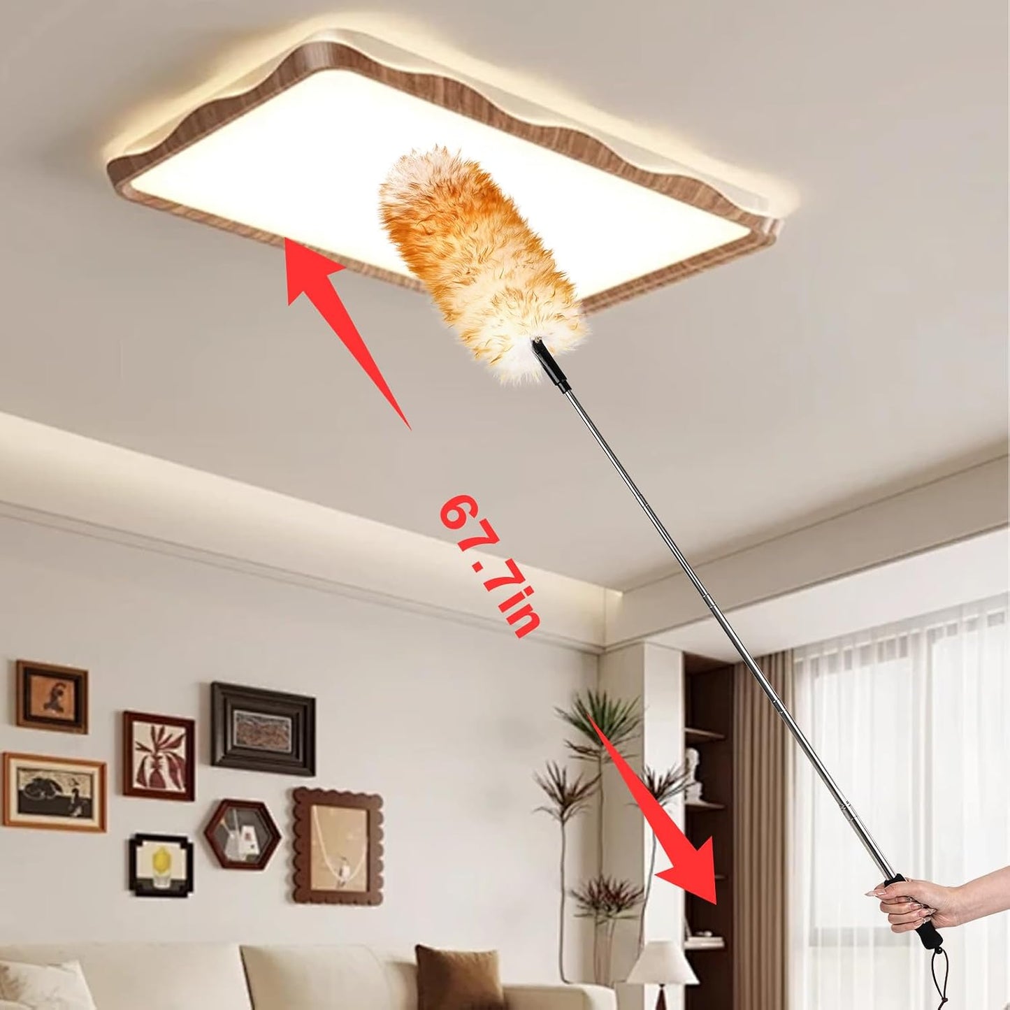 Extendable Lambswool Duster 29-110 Inch,Anti-Static Flexible Head, Stainless Steel Pole for Cleaning High Ceiling,Fan,Furniture,Roof Dusting